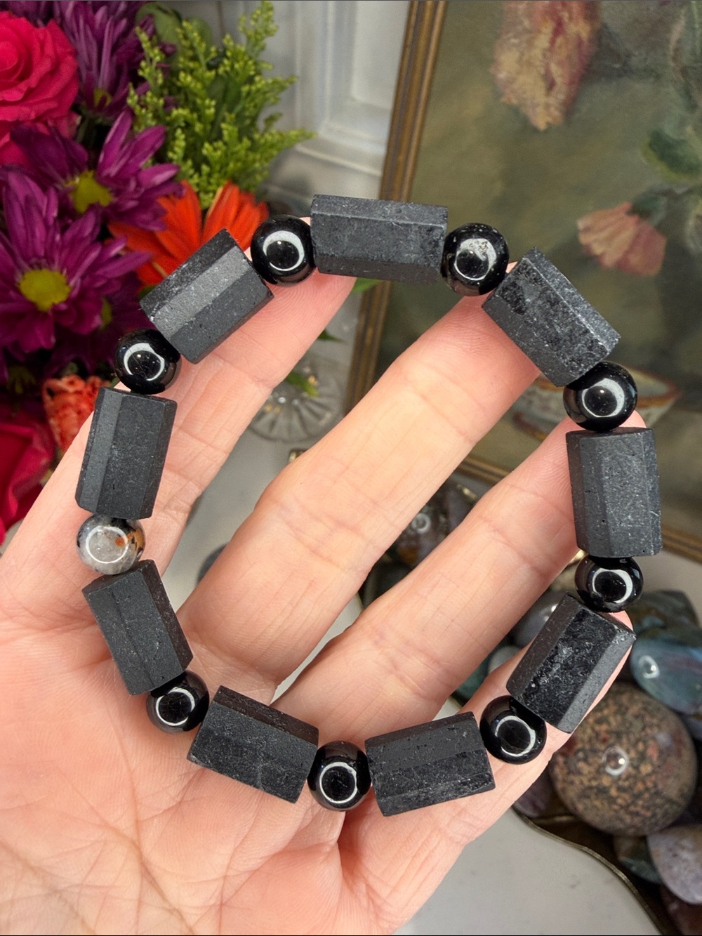Black Tourmaline Geometric Natural Stone Bracelet • 7.25” • B1355